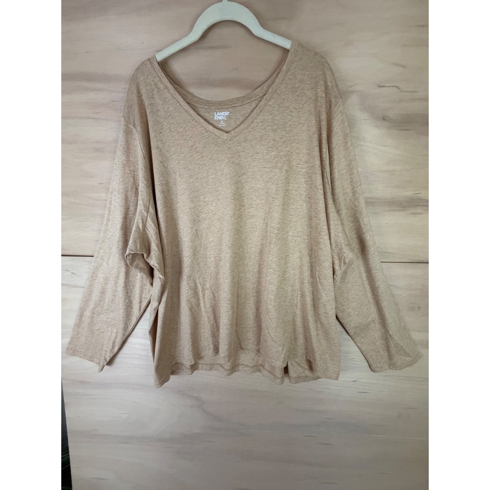 Lands End Womens 3X Tan Heather V-Neck Long Sleeve Cotton T-Shirt 24W-26W